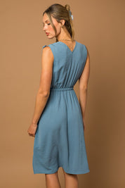 Sleeveless V-neck Shoulder Ruching Midi Dress